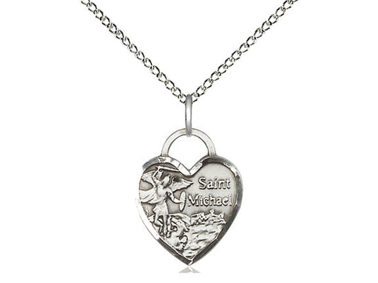 Sterling Silver St Michael Heart Pendant on a 18 inch Sterling Silver Light Curb Chain - Unique Catholic Gifts