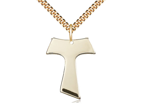 14kt Gold Filled Tau Cross Pendant on a 24 inch Gold Plate Heavy Curb Chain - Unique Catholic Gifts