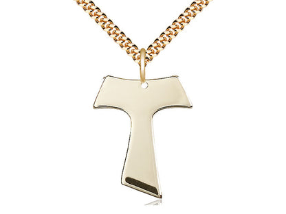 14kt Gold Filled Tau Cross Pendant on a 24 inch Gold Plate Heavy Curb Chain - Unique Catholic Gifts