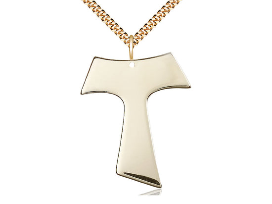 14kt Gold Filled Tau Cross Pendant on a 24 inch Gold Plate Heavy Curb Chain - Unique Catholic Gifts