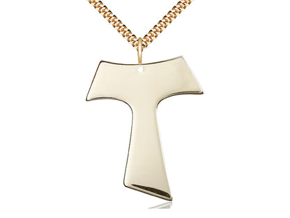 14kt Gold Filled Tau Cross Pendant on a 24 inch Gold Plate Heavy Curb Chain - Unique Catholic Gifts