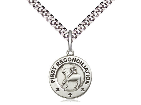 Sterling Silver First Reconciliation / Penance Pendant on a 24 inch Light Rhodium Heavy Curb Chain - Unique Catholic Gifts