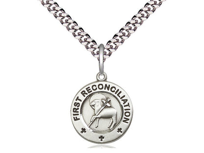 Sterling Silver First Reconciliation / Penance Pendant on a 24 inch Light Rhodium Heavy Curb Chain - Unique Catholic Gifts