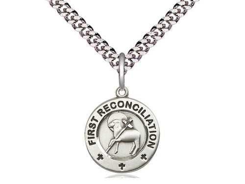 Sterling Silver First Reconciliation / Penance Pendant on a 24 inch Light Rhodium Heavy Curb Chain - Unique Catholic Gifts
