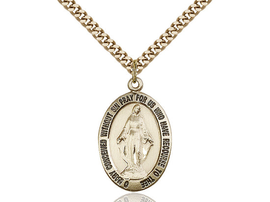 14kt Gold Filled Miraculous Pendant on a 24 inch Gold Plate Heavy Curb Chain - Unique Catholic Gifts