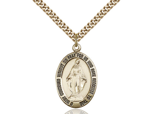 14kt Gold Filled Miraculous Pendant on a 24 inch Gold Plate Heavy Curb Chain - Unique Catholic Gifts