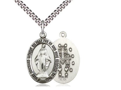 Sterling Silver Miraculous Pendant on a 24 inch Light Rhodium Heavy Curb Chain - Unique Catholic Gifts