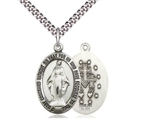 Sterling Silver Miraculous Pendant on a 24 inch Light Rhodium Heavy Curb Chain - Unique Catholic Gifts