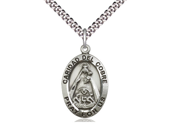 Sterling Silver Caridad del Cobre Pendant on a 24 inch Light Rhodium Heavy Curb Chain - Unique Catholic Gifts