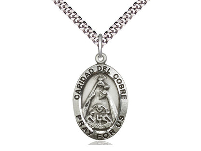 Sterling Silver Caridad del Cobre Pendant on a 24 inch Light Rhodium Heavy Curb Chain - Unique Catholic Gifts