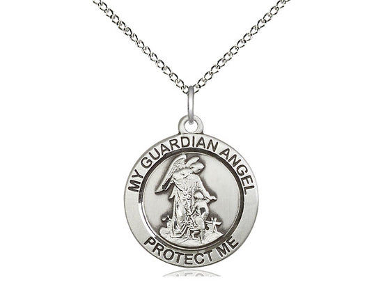 Sterling Silver Guardian Angel Pendant on a 18 inch Sterling Silver Light Curb Chain - Unique Catholic Gifts