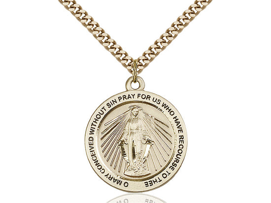 14kt Gold Filled Miraculous Pendant on a 24 inch Gold Plate Heavy Curb Chain - Unique Catholic Gifts