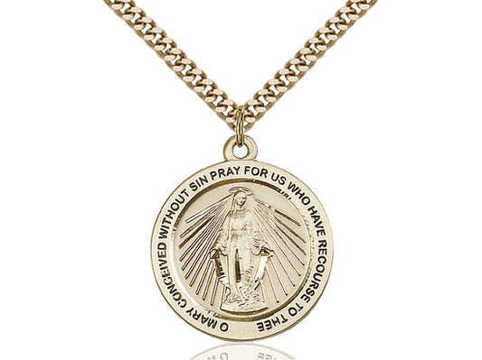 14kt Gold Filled Miraculous Pendant on a 24 inch Gold Plate Heavy Curb Chain - Unique Catholic Gifts