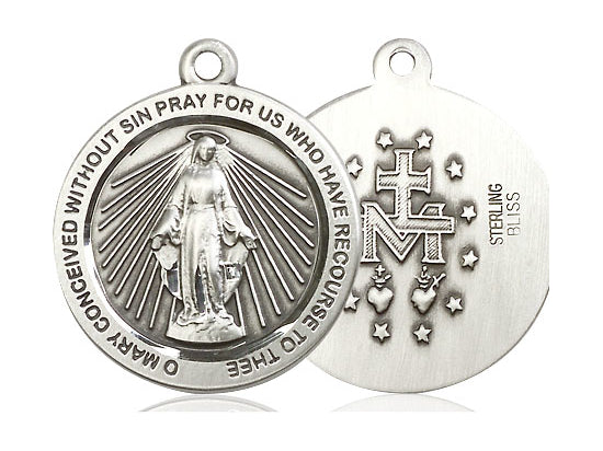 Sterling Silver Miraculous Pendant on a 24 inch Light Rhodium Heavy Curb Chain - Unique Catholic Gifts