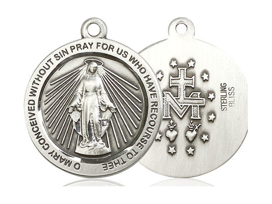 Sterling Silver Miraculous Pendant on a 24 inch Light Rhodium Heavy Curb Chain - Unique Catholic Gifts