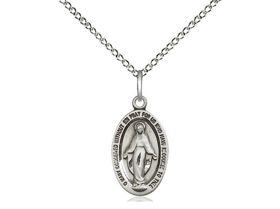 Sterling Silver Miraculous Pendant on a 18 inch Sterling Silver Light Curb Chain - Unique Catholic Gifts