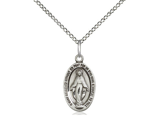 Sterling Silver Miraculous Pendant on a 18 inch Sterling Silver Light Curb Chain - Unique Catholic Gifts