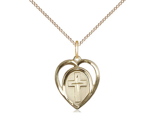 14kt Gold Filled Heart Cross Pendant on a 18 inch Gold Filled Light Curb Chain - Unique Catholic Gifts