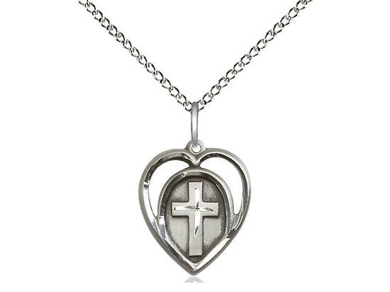 Sterling Silver Heart Cross Pendant on a 18 inch Sterling Silver Light Curb Chain - Unique Catholic Gifts