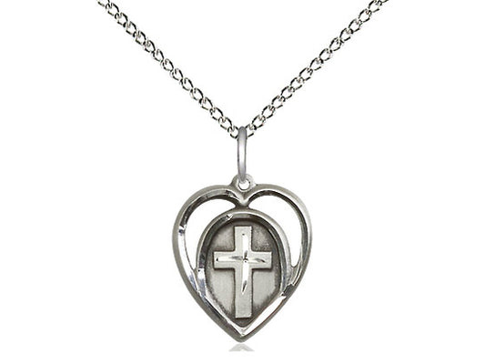 Sterling Silver Heart Cross Pendant on a 18 inch Sterling Silver Light Curb Chain - Unique Catholic Gifts