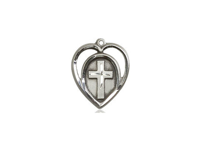 Sterling Silver Heart Cross Pendant on a 18 inch Sterling Silver Light Curb Chain - Unique Catholic Gifts