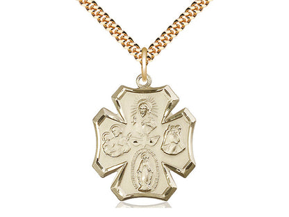 14kt Gold Filled 4-Way Pendant on a 24 inch Gold Plate Heavy Curb Chain - Unique Catholic Gifts