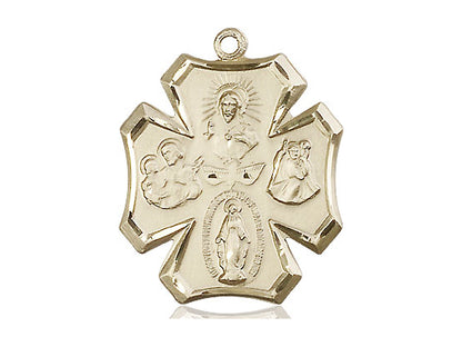 14kt Gold Filled 4-Way Pendant on a 24 inch Gold Plate Heavy Curb Chain - Unique Catholic Gifts