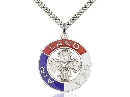 Sterling Silver Land, Sea, Air Pendant on a 24 inch Light Rhodium Heavy Curb Chain - Unique Catholic Gifts
