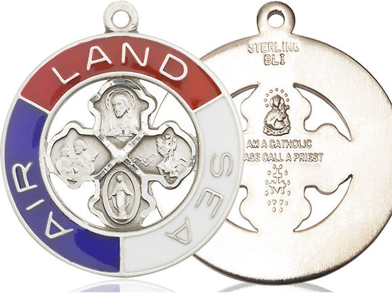 Sterling Silver Land, Sea, Air Pendant on a 24 inch Light Rhodium Heavy Curb Chain - Unique Catholic Gifts