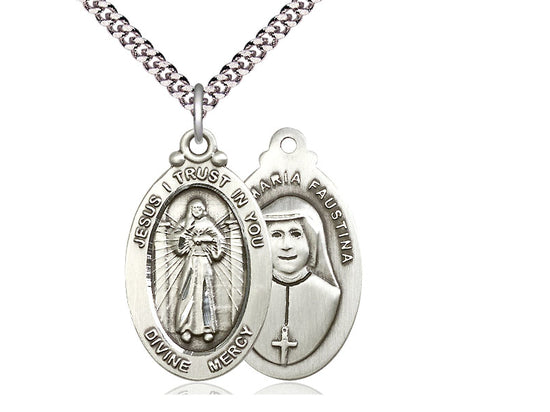 Sterling Silver Divine Mercy Pendant on a 24 inch Light Rhodium Heavy Curb Chain - Unique Catholic Gifts