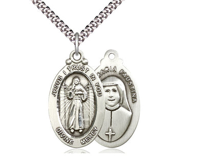 Sterling Silver Divine Mercy Pendant on a 24 inch Light Rhodium Heavy Curb Chain - Unique Catholic Gifts