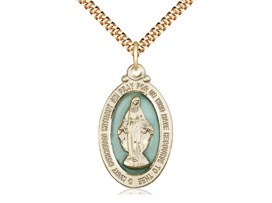 14kt Gold Filled Miraculous Pendant on a 24 inch Gold Plate Heavy Curb Chain - Unique Catholic Gifts
