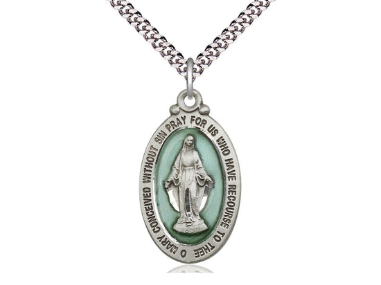 Sterling Silver Miraculous Pendant on a 24 inch Light Rhodium Heavy Curb Chain - Unique Catholic Gifts