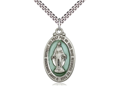 Sterling Silver Miraculous Pendant on a 24 inch Light Rhodium Heavy Curb Chain - Unique Catholic Gifts