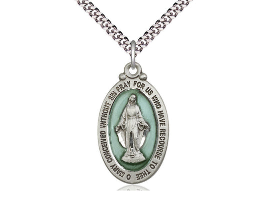 Sterling Silver Miraculous Pendant on a 24 inch Light Rhodium Heavy Curb Chain - Unique Catholic Gifts
