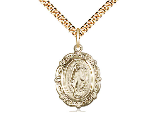 14kt Gold Filled Miraculous Pendant on a 24 inch Gold Plate Heavy Curb Chain. - Unique Catholic Gifts