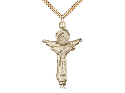 14kt Gold Filled Trinity Crucifix Pendant on a 24 inch Gold Plate Heavy Curb Chain - Unique Catholic Gifts