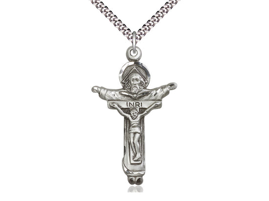 Sterling Silver Trinity Crucifix Pendant on a 24 inch Light Rhodium Heavy Curb Chain - Unique Catholic Gifts