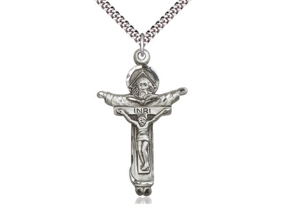 Sterling Silver Trinity Crucifix Pendant on a 24 inch Light Rhodium Heavy Curb Chain - Unique Catholic Gifts