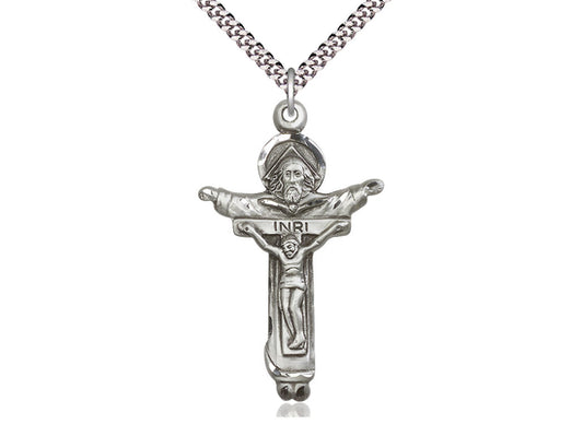 Sterling Silver Trinity Crucifix Pendant on a 24 inch Light Rhodium Heavy Curb Chain - Unique Catholic Gifts