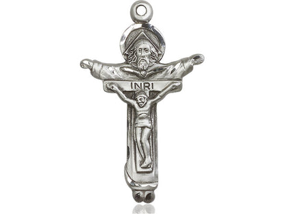 Sterling Silver Trinity Crucifix Pendant on a 24 inch Light Rhodium Heavy Curb Chain - Unique Catholic Gifts