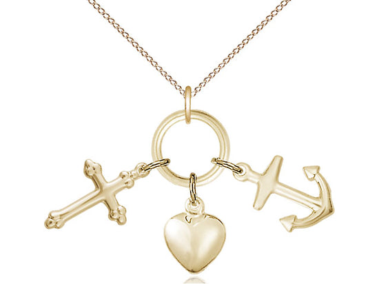 14kt Gold Filled Faith, Hope & Charity Pendant on a 18 inch Gold Filled Light Curb Chain - Unique Catholic Gifts