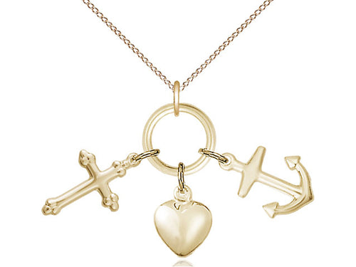 14kt Gold Filled Faith, Hope & Charity Pendant on a 18 inch Gold Filled Light Curb Chain - Unique Catholic Gifts