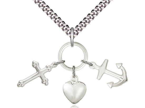 Sterling Silver Faith, Hope & Charity Pendant on a 24 inch Light Rhodium Heavy Curb Chain - Unique Catholic Gifts