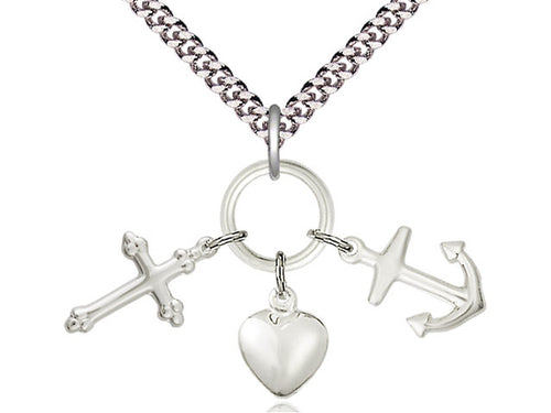 Sterling Silver Faith, Hope & Charity Pendant on a 24 inch Light Rhodium Heavy Curb Chain - Unique Catholic Gifts