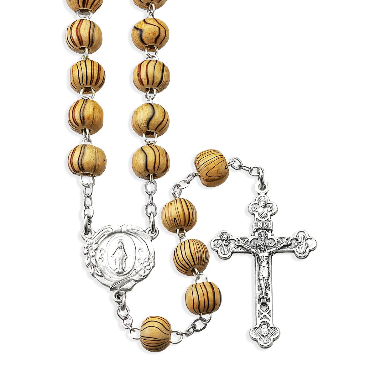 Light Brown Stripe Painted Wood Bead Rosary Boxed - 8mm - Unique Catholic Gifts
