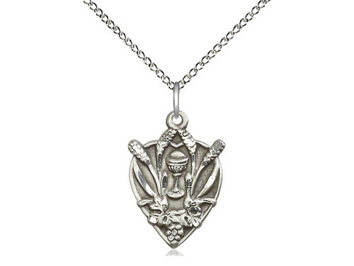Sterling Silver Communion Pendant on a 18 inch Sterling Silver Light Curb Chain - Unique Catholic Gifts