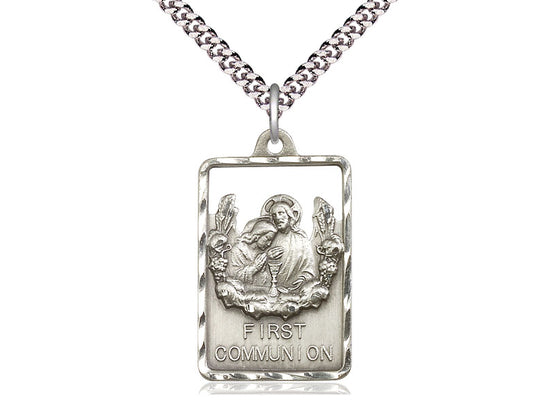 Sterling Silver Communion First Reconciliation Pendant on a 24 inch Light Rhodium Heavy Curb Chain - Unique Catholic Gifts
