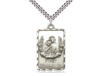 Sterling Silver Communion First Reconciliation Pendant on a 24 inch Light Rhodium Heavy Curb Chain - Unique Catholic Gifts