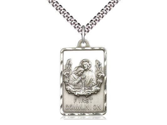 Sterling Silver Communion First Reconciliation Pendant on a 24 inch Light Rhodium Heavy Curb Chain - Unique Catholic Gifts